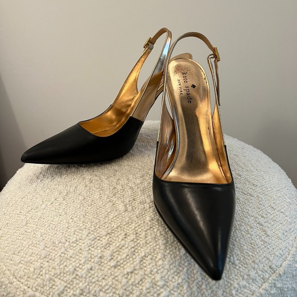Kate Spade Black Leather Gold Slingback Pointed Toe Pumps – US 8